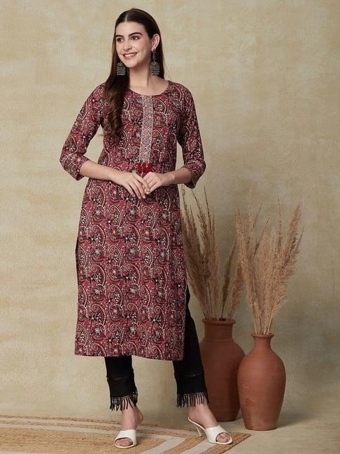 fashor pink cotton printed straight kurta