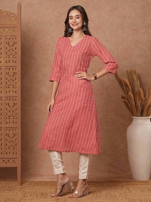 fashor pink cotton woven pattern a line kurta