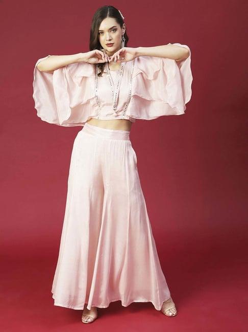 fashor pink embellished crop top palazzo set