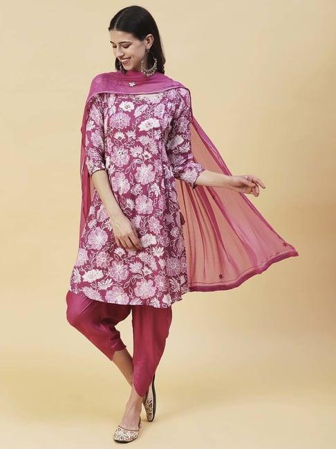 fashor pink embellished kurti dhoti pant set with dupatta