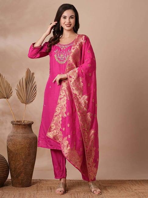 fashor pink embroidered kurta & pant set with dupatta