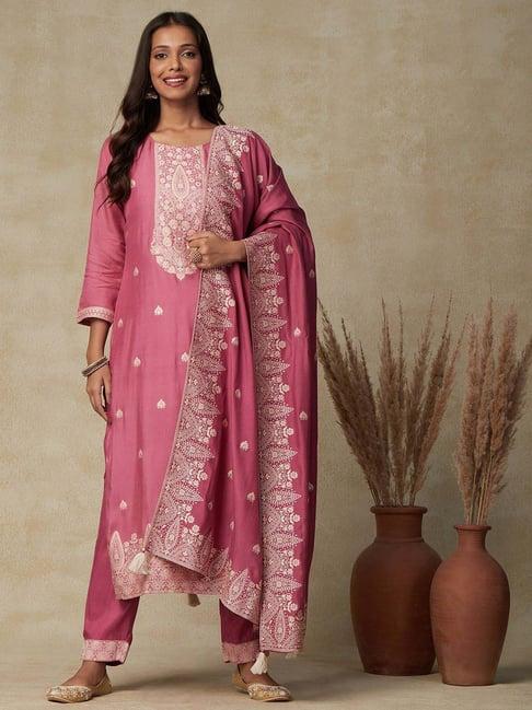 fashor pink embroidered kurta pant set with dupatta