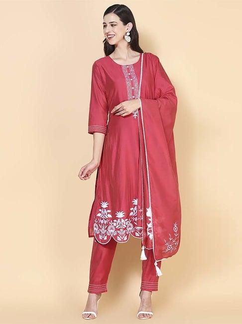 fashor pink embroidered kurta pant set with dupatta