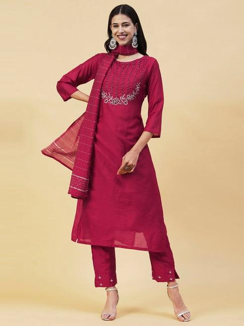 fashor pink embroidered kurta pant set with dupatta