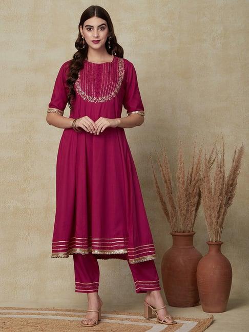 fashor pink embroidered kurta pant set