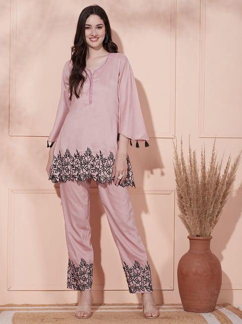 fashor pink embroidered tunic pant set