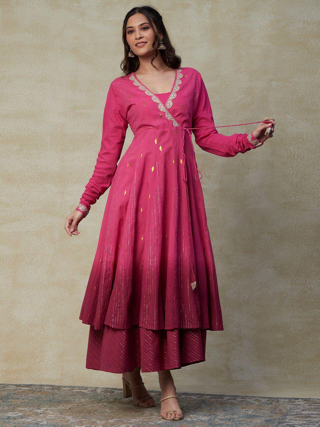 fashor pink ethnic motifs print layered maxi ethnic dresses