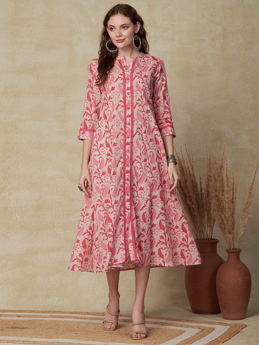 fashor pink ethnic motifs printed paneled a-line midi ethnic dress