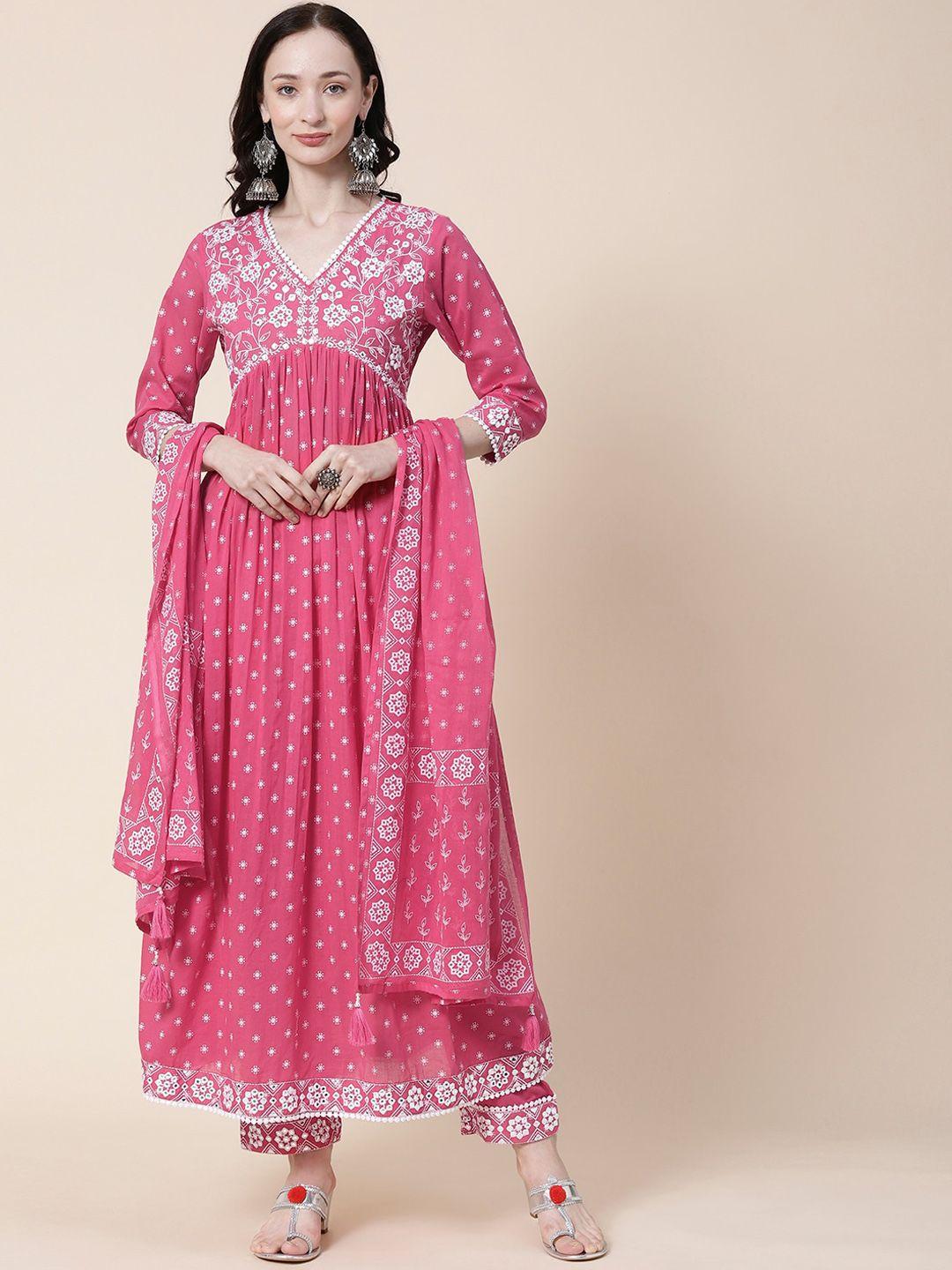 fashor pink ethnic printed empire mirror work pure cotton kurta with trousers & dupatta