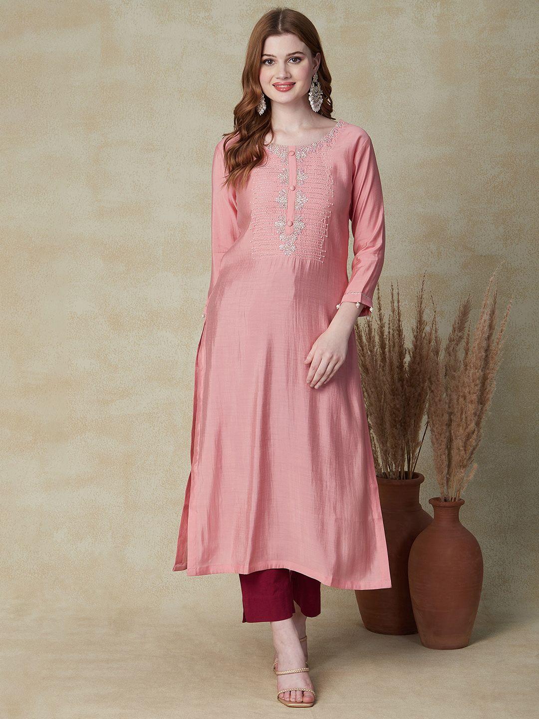 fashor pink floral embroidered a-line kurta