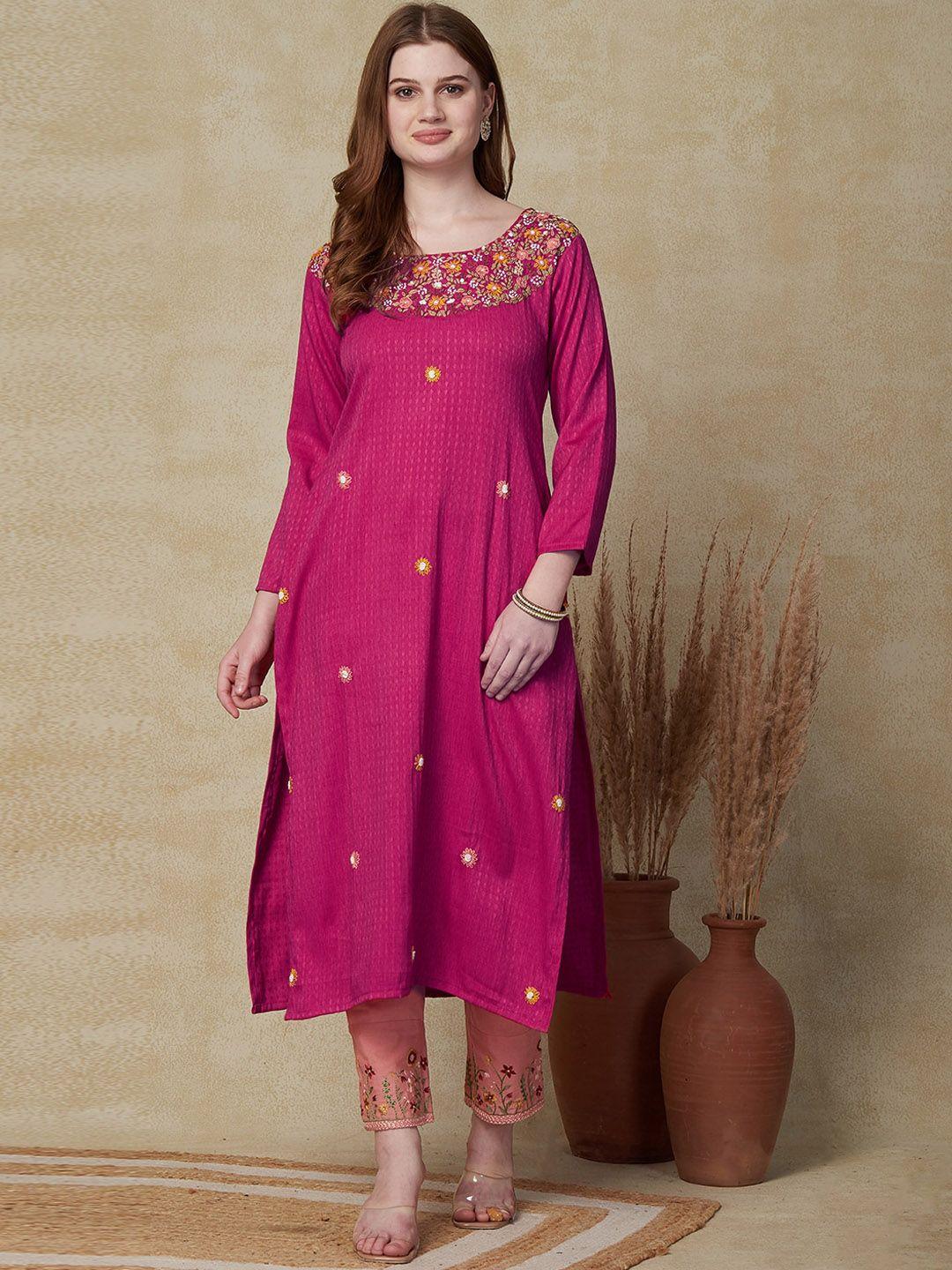 fashor pink floral embroidered dobby straight kurta