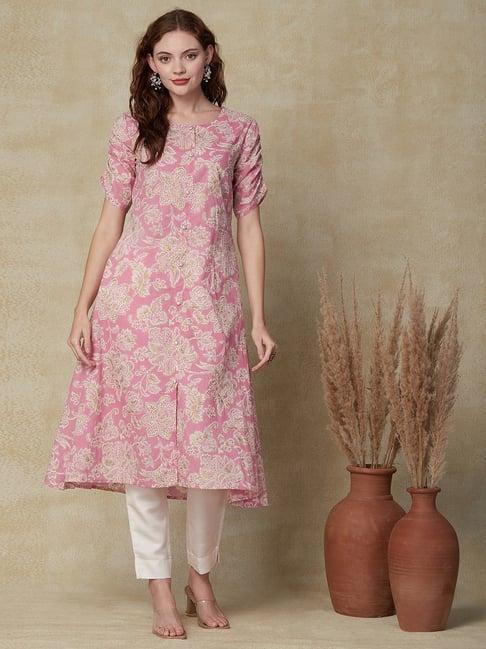 fashor pink floral print a line kurta