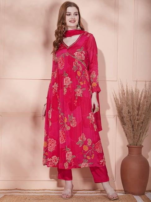 fashor pink floral print kurta pant set with dupatta