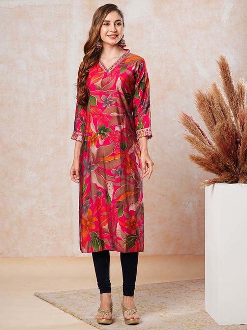 fashor pink floral print straight kurta