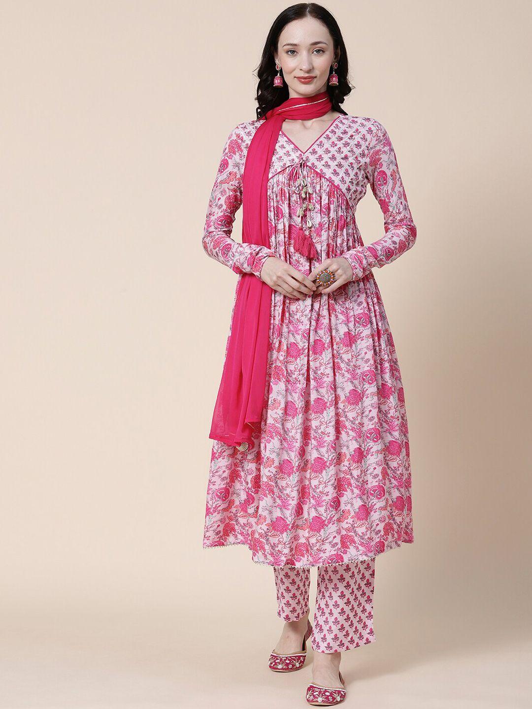 fashor pink floral printed empire kurta with trousers & dupatta