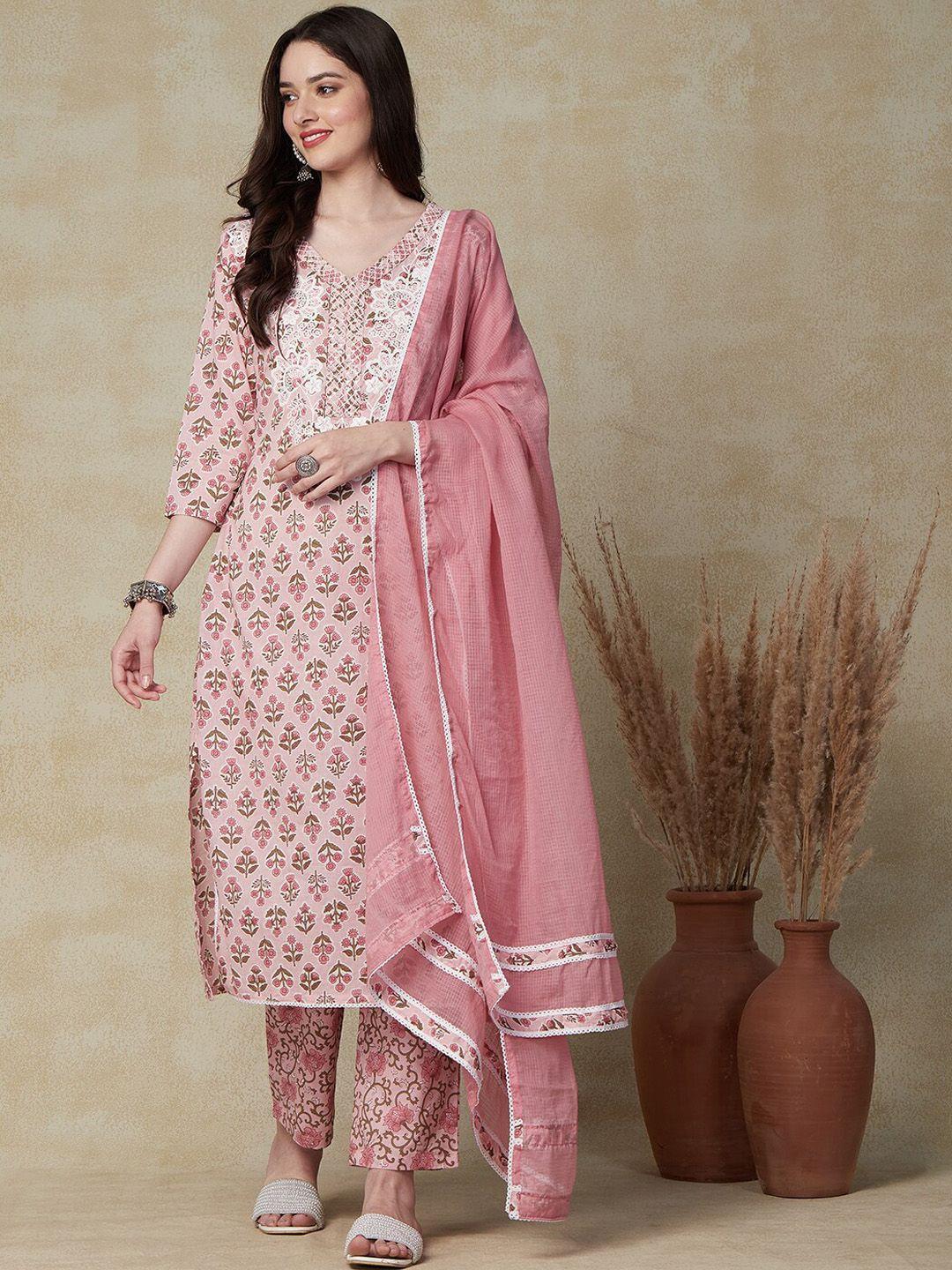 fashor pink floral printed pure cotton kurta & trousers with dupatta