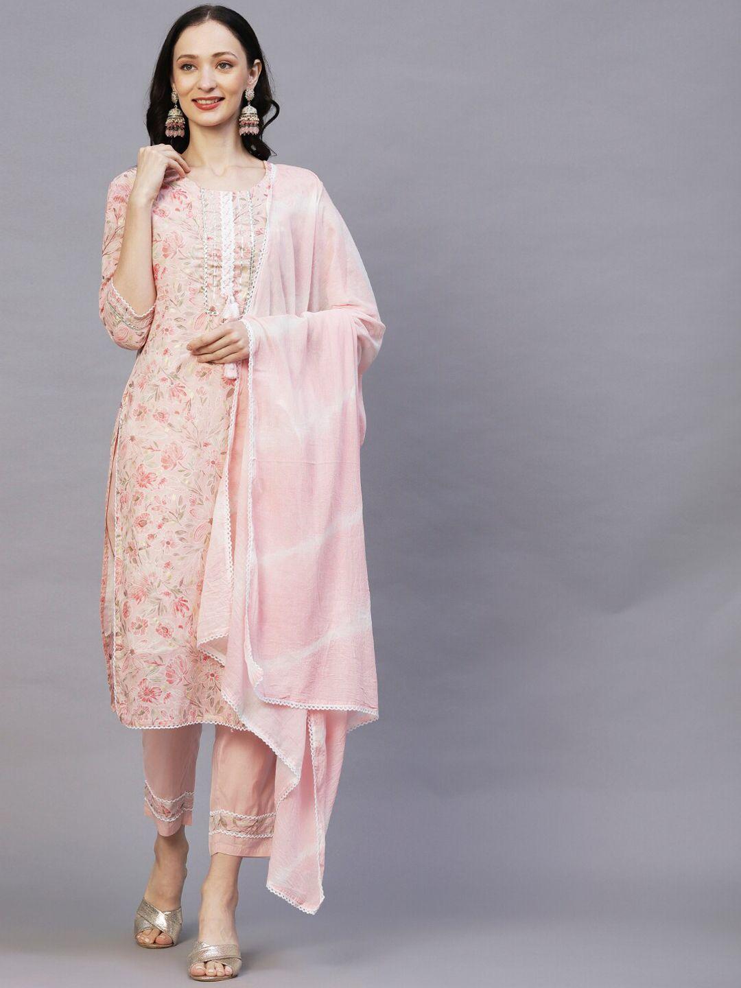 fashor pink floral printed pure cotton kurta with trousers & dupatta