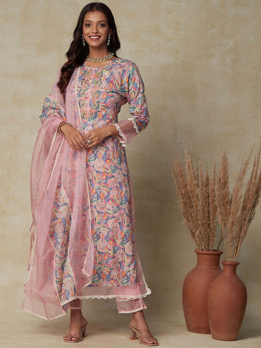 fashor pink floral printed pure cotton kurta with trousers & dupatta