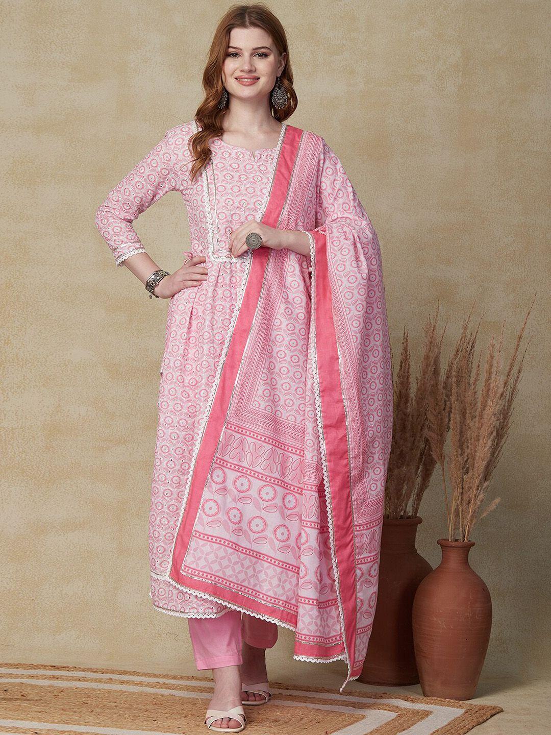 fashor pink floral printed pure cotton pleated straight kurta & trouser with dupatta