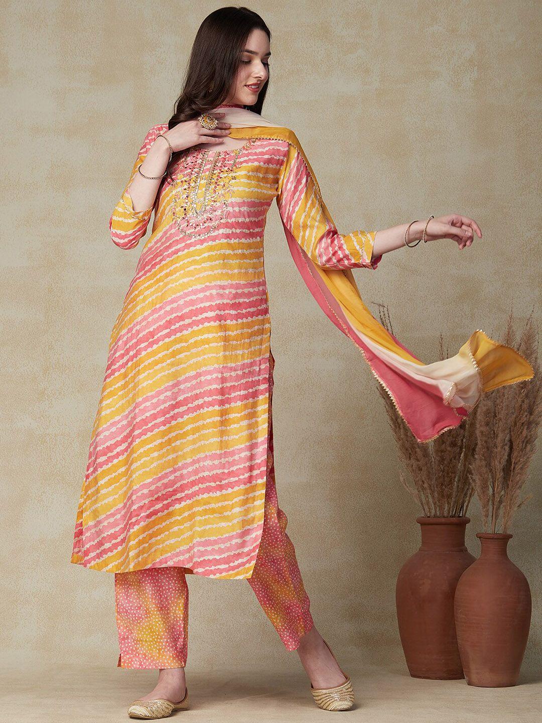 fashor pink leheriya printed zardozi kurta with trousers & dupatta