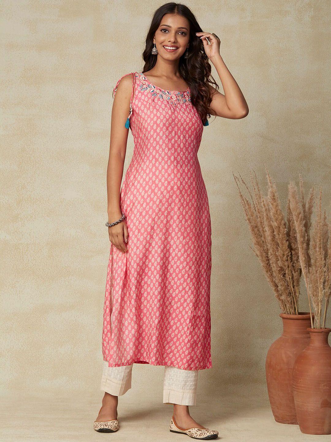 fashor pink paisley foil printed thread work straight kurta