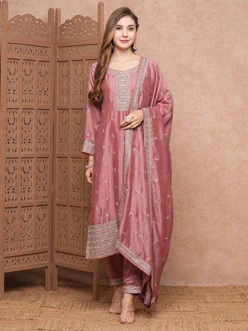 fashor pink plain kurta & pants set with dupatta