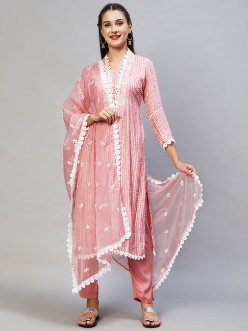 fashor pink printed kurta pant set with dupatta