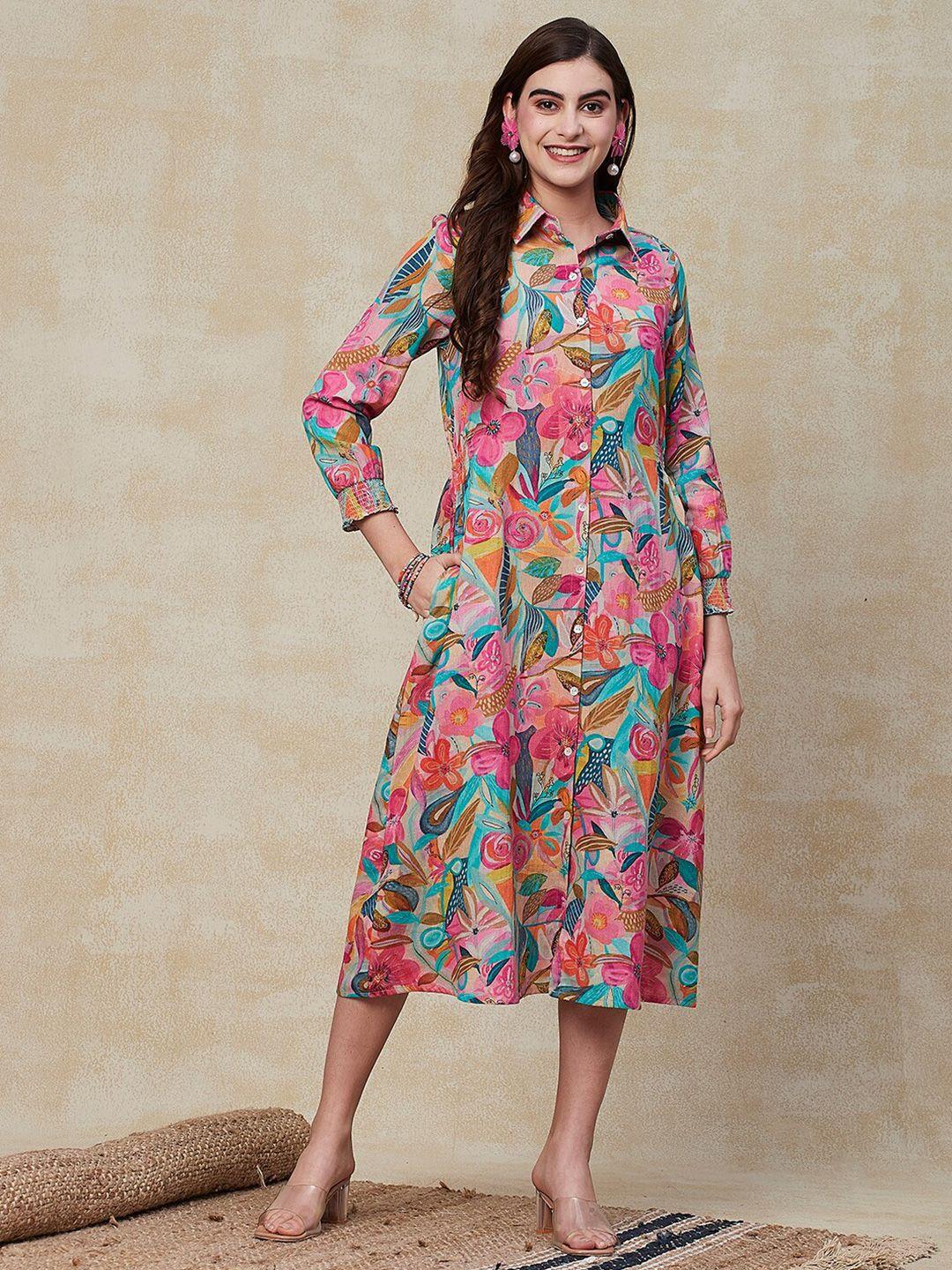 fashor pink printed puff sleeve shirt midi dress