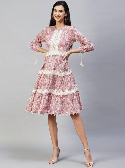 fashor pink pure cotton printed a-line dress