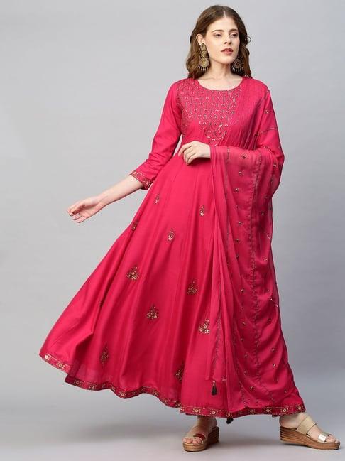 fashor pink rayon embroidered kurta bottom set with dupatta