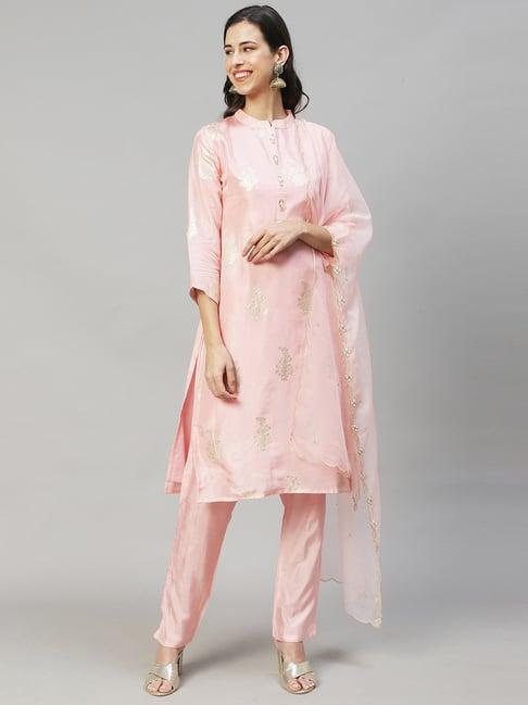 fashor pink woven pattern kurta pant set with dupatta