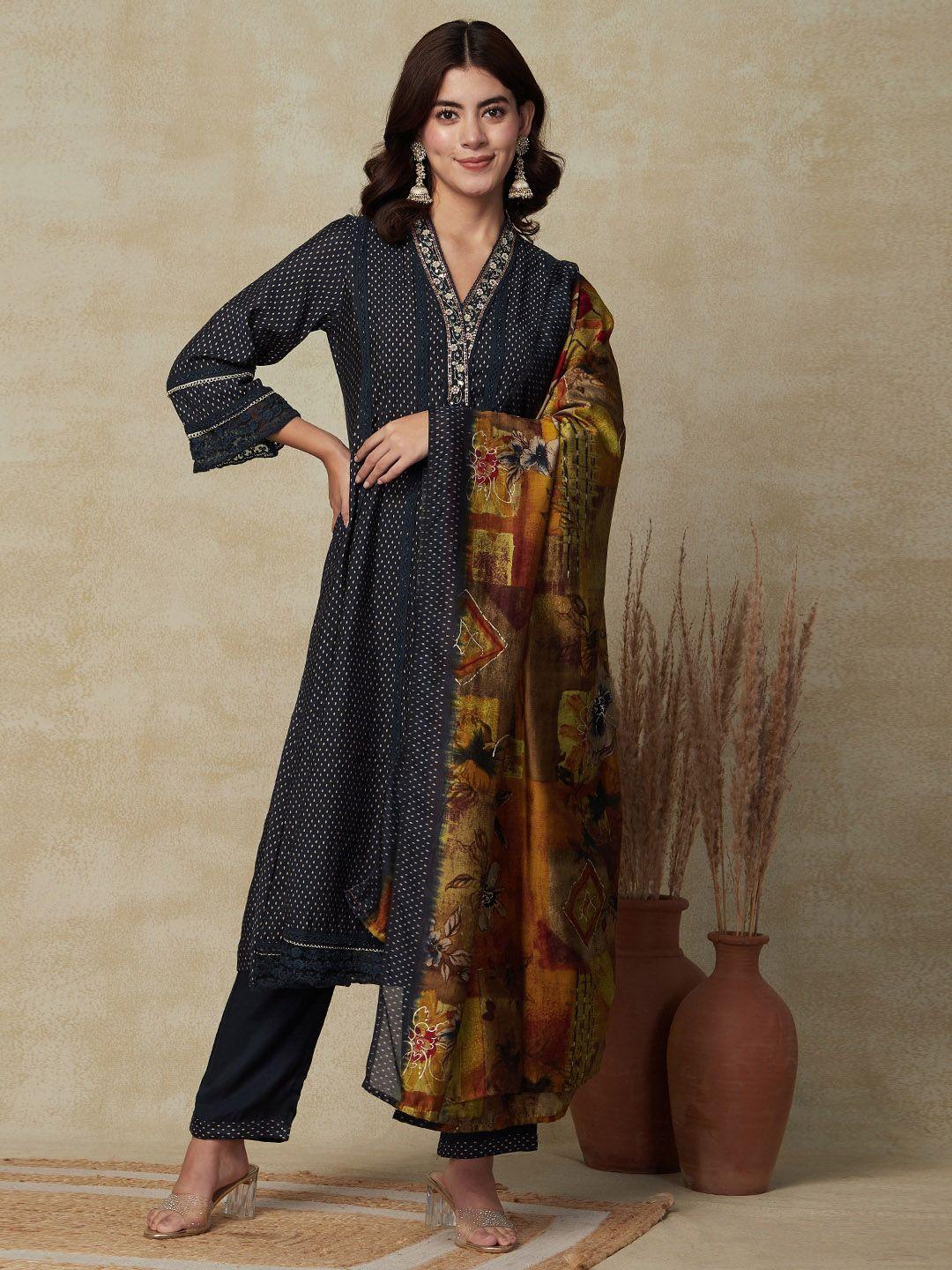 fashor polka dots printed beads and stones a-line kurta with trousers & dupatta