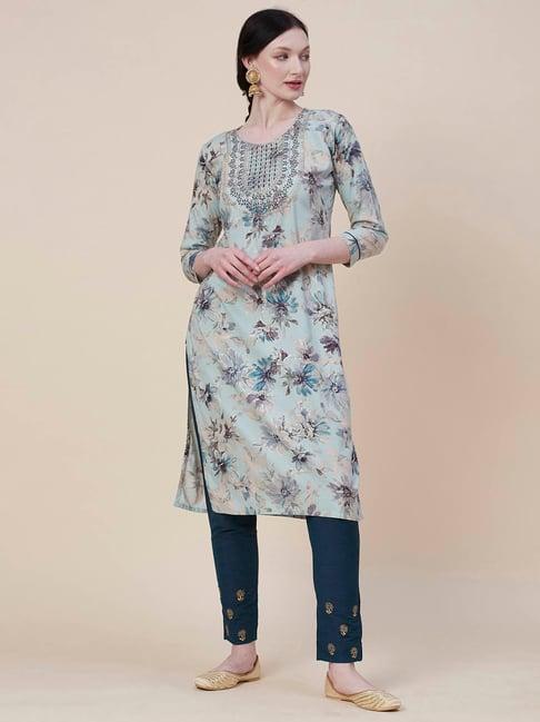 fashor powder blue rayon floral print straight kurta