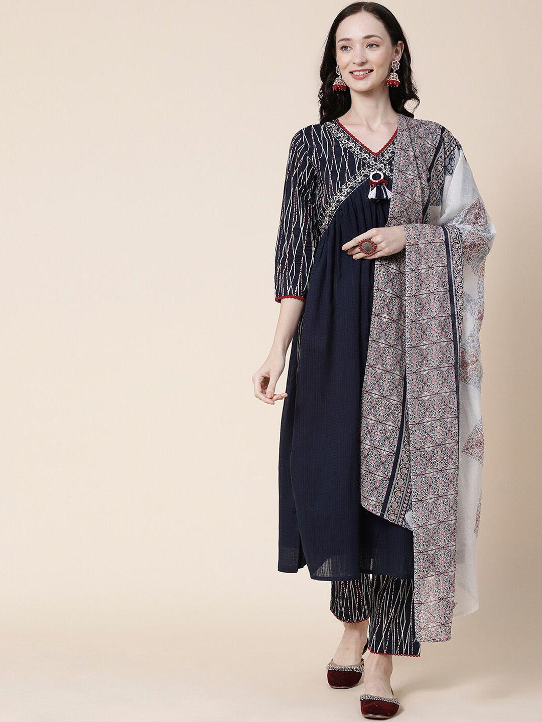 fashor printed pleated a-line pure cotton kurta with trousers & dupatta