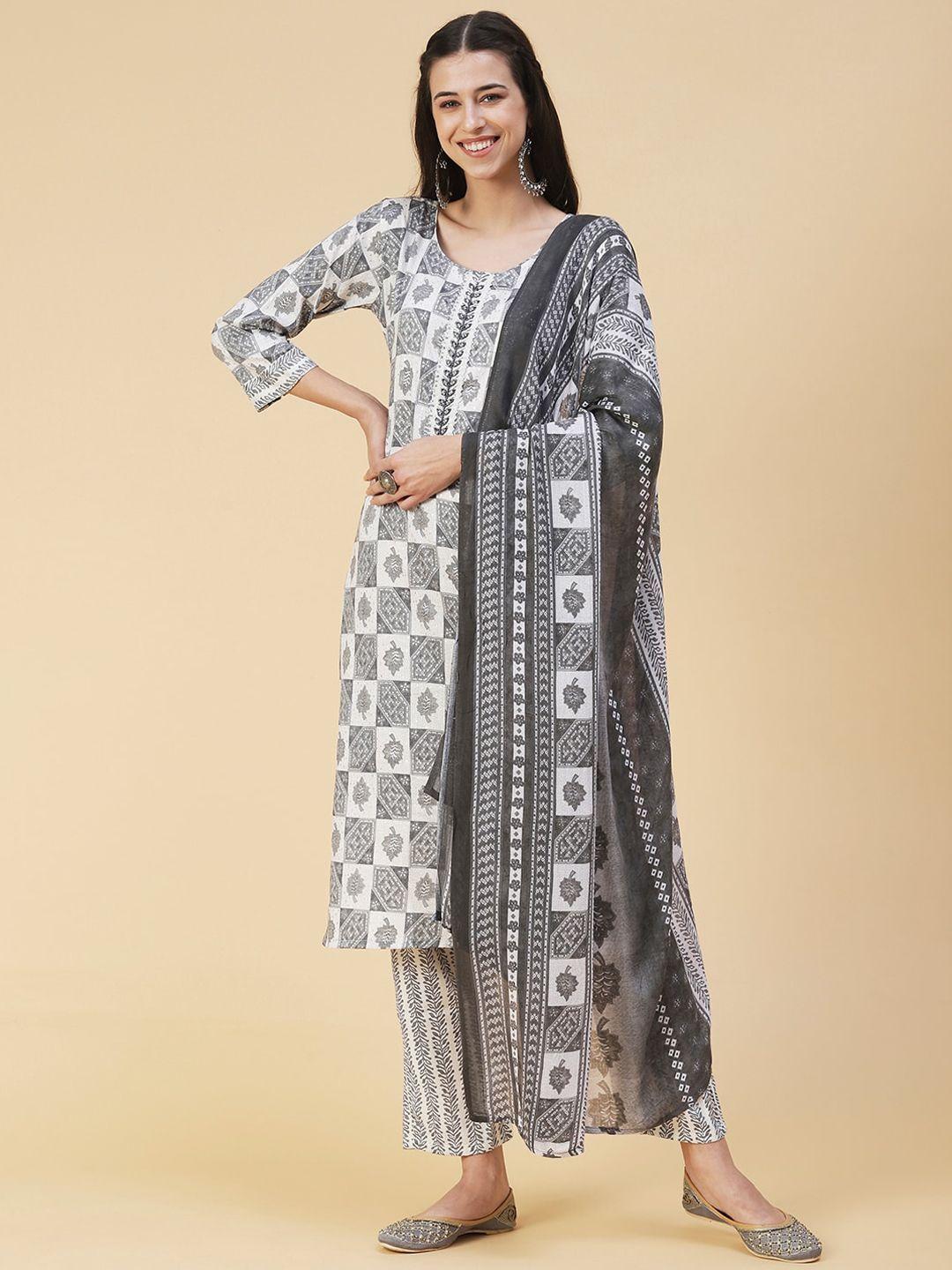 fashor printed round neck kurta with trousers & dupatta