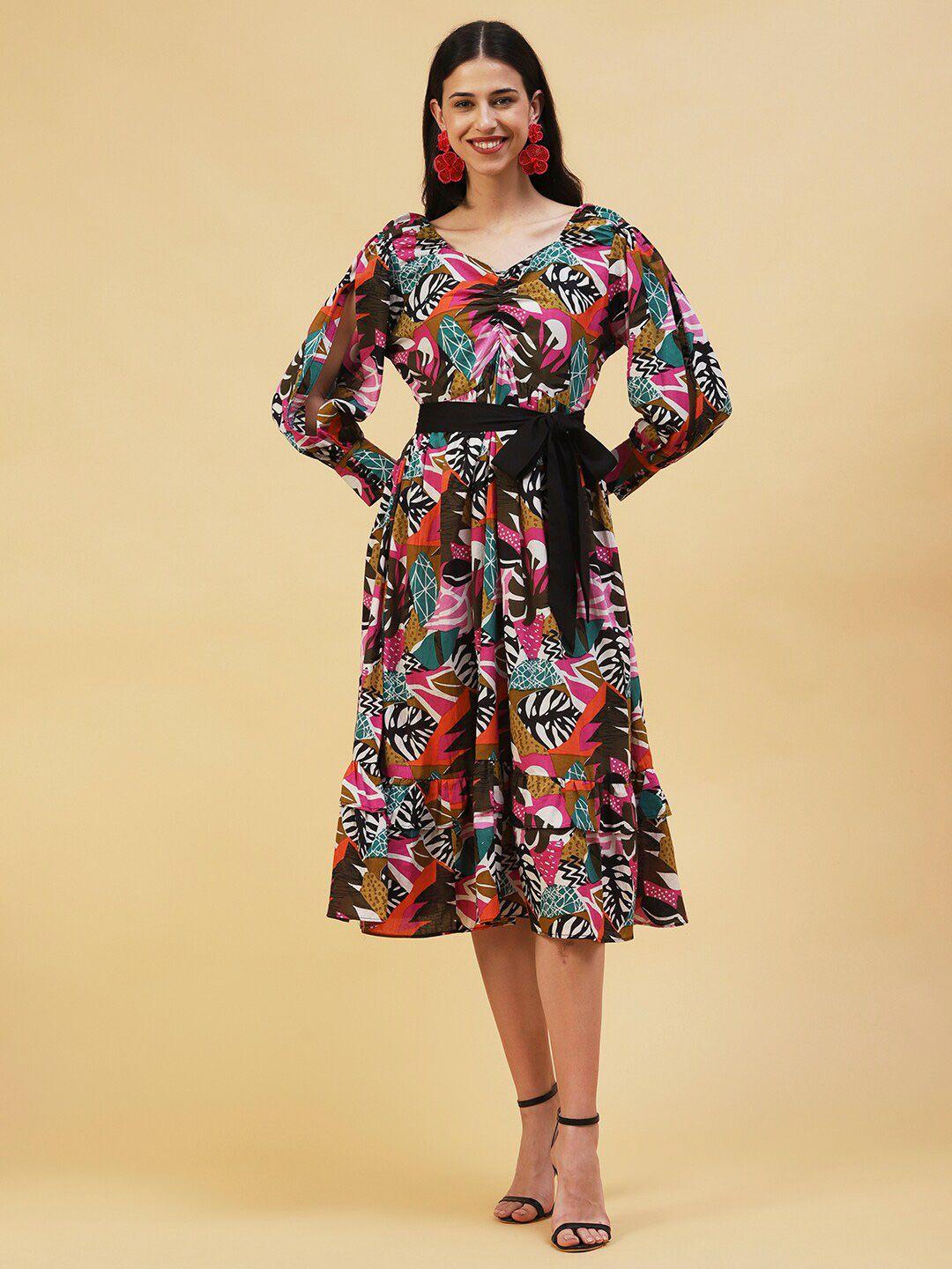 fashor printed slit cuffed sleeves cotton fit & flare midi dress