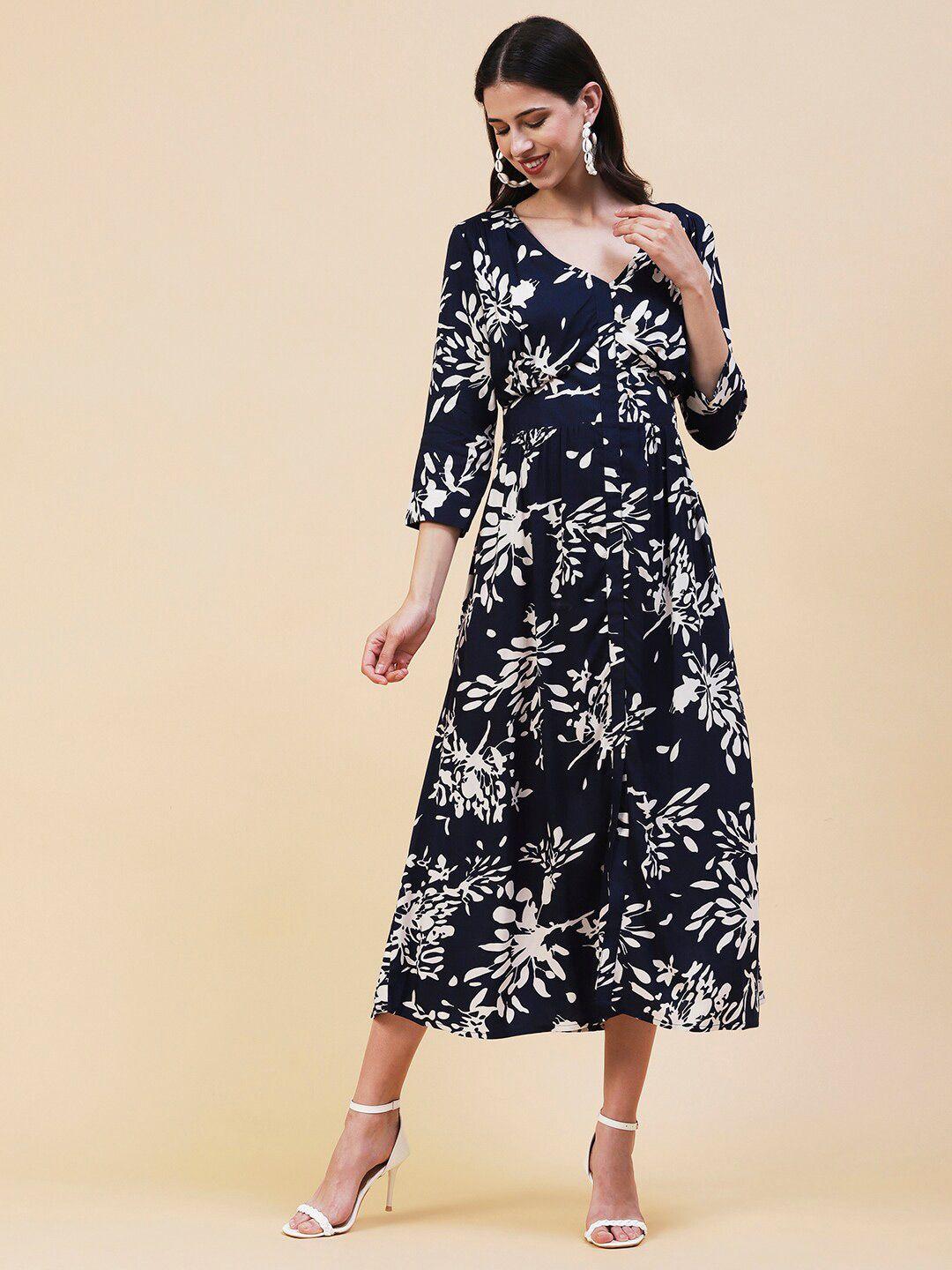 fashor printed v neck a-line midi dress