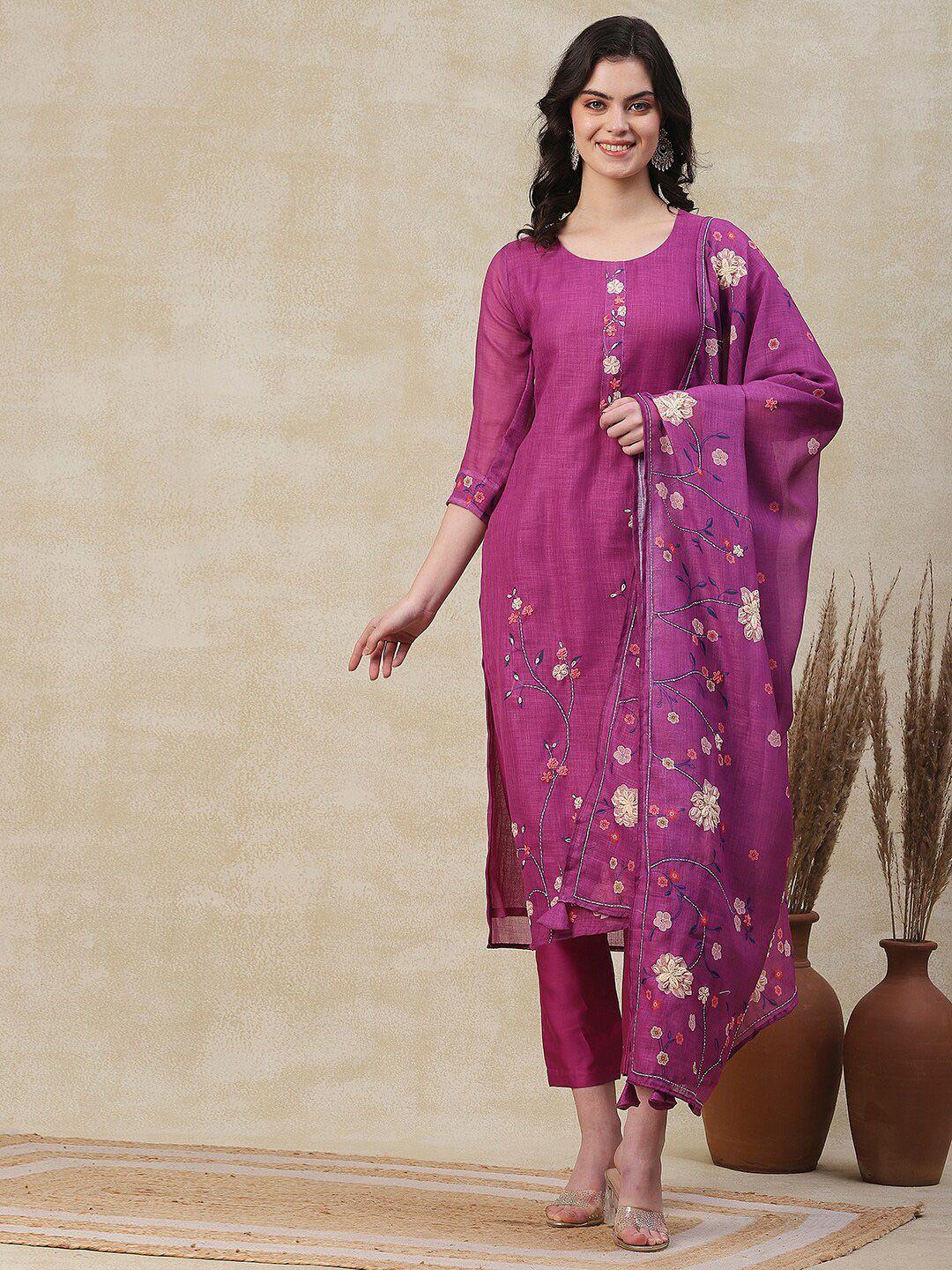 fashor purple & cream floral jute cotton printed straight kurta with trousers & dupatta