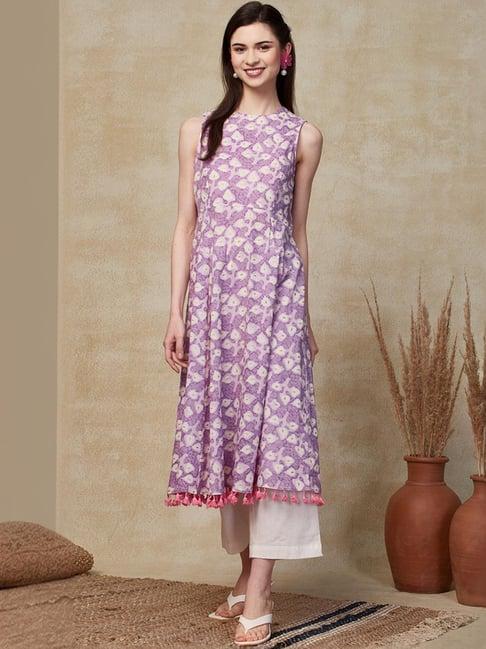 fashor purple & off-white cotton printed kurta pant set