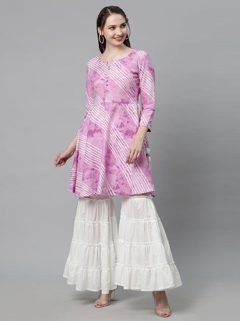 fashor purple & white cotton printed kurti sharara set
