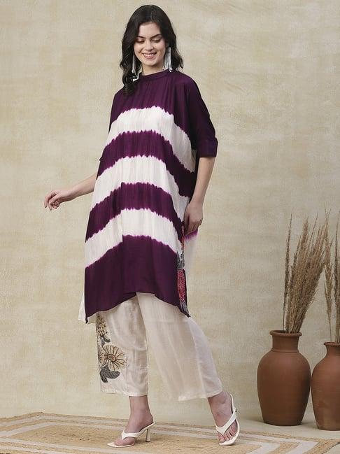 fashor purple & white printed kurta pant set