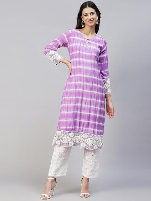 fashor purple & white printed kurta pant set