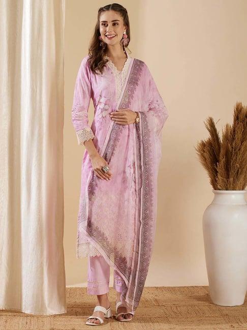 fashor purple cotton embroidered kurta & pant set with dupatta