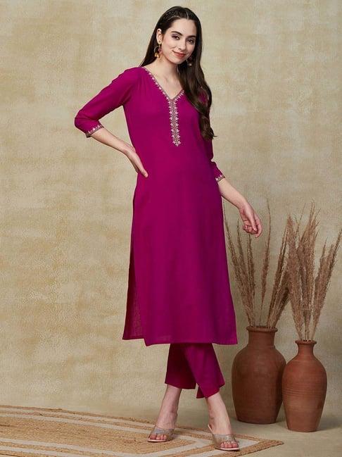 fashor purple cotton embroidered kurta & pant set