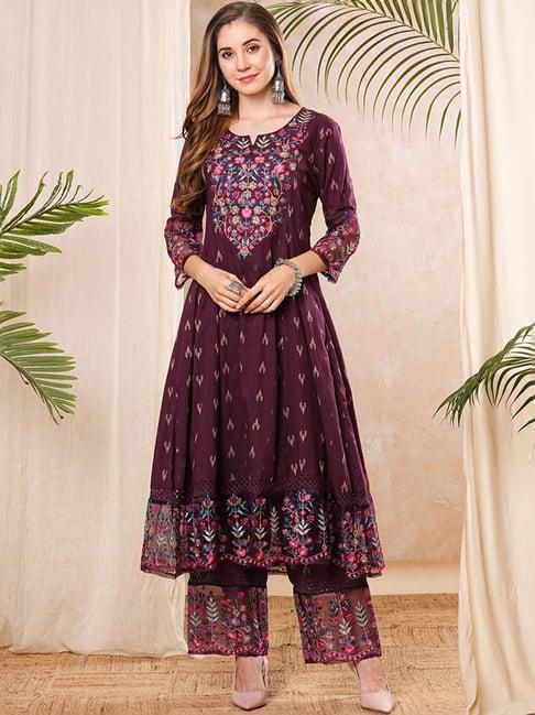 fashor purple cotton embroidered kurta palazzo set