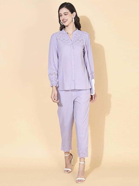 fashor purple cotton embroidered shirt pant set