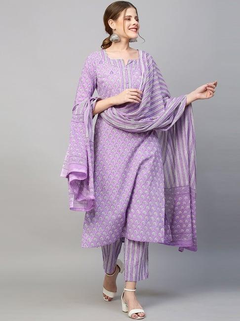 fashor purple cotton floral print kurta pant set with dupatta