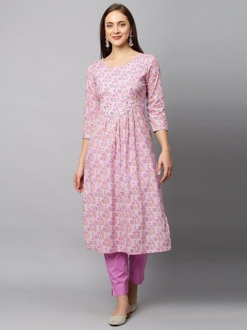 fashor purple cotton floral print kurta pant set