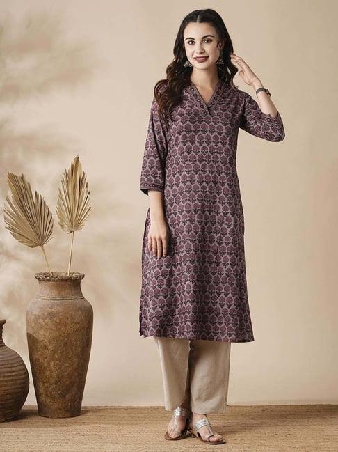 fashor purple cotton printed straight kurta