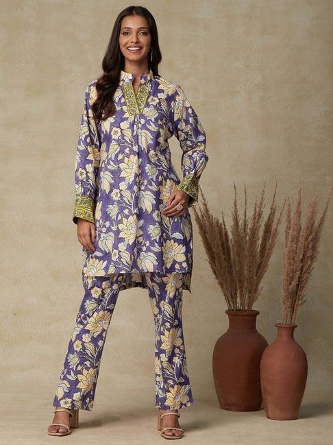 fashor purple cotton printed tunic pant set